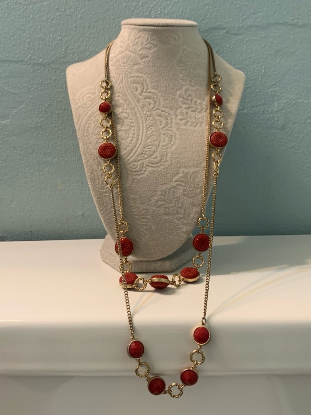 Avon Gold-Tone Long Necklace with Red Bead Accents